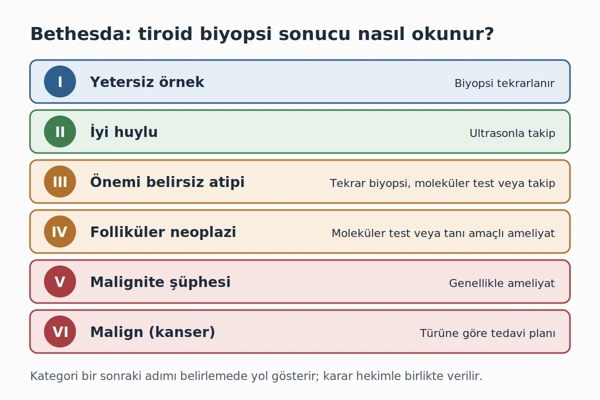 Bethesda tiroid biyopsi kategorileri I ile VI arası ve önerilen yaklaşım